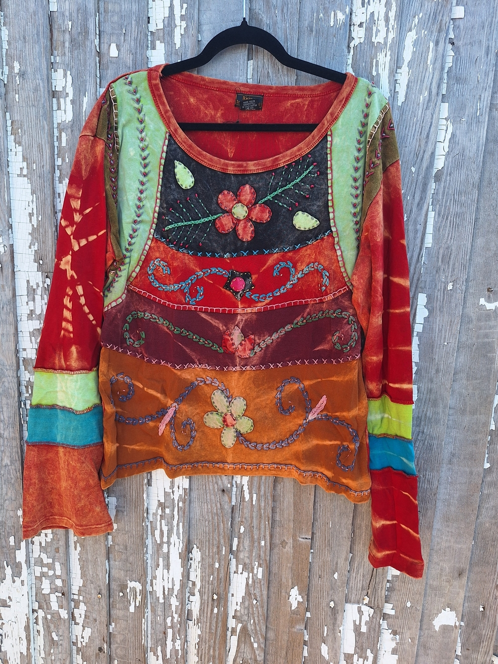 Rising International Boho Embroidered Floral Patchwork Top - Red & Orange